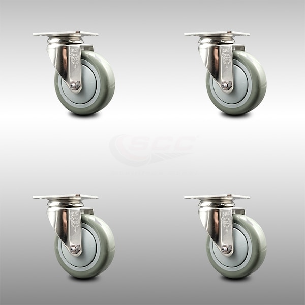 4 Inch 316SS Gray Polyurethane Wheel Swivel Top Plate Caster Set